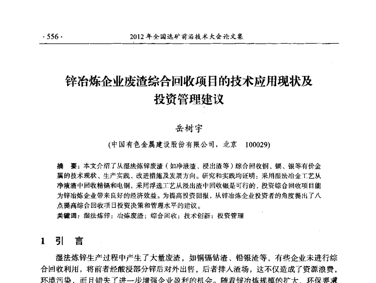 锌冶炼企业废渣综合回收项目的技术应用现状及投资管理建议 - 2012年全国选矿前沿技术大会