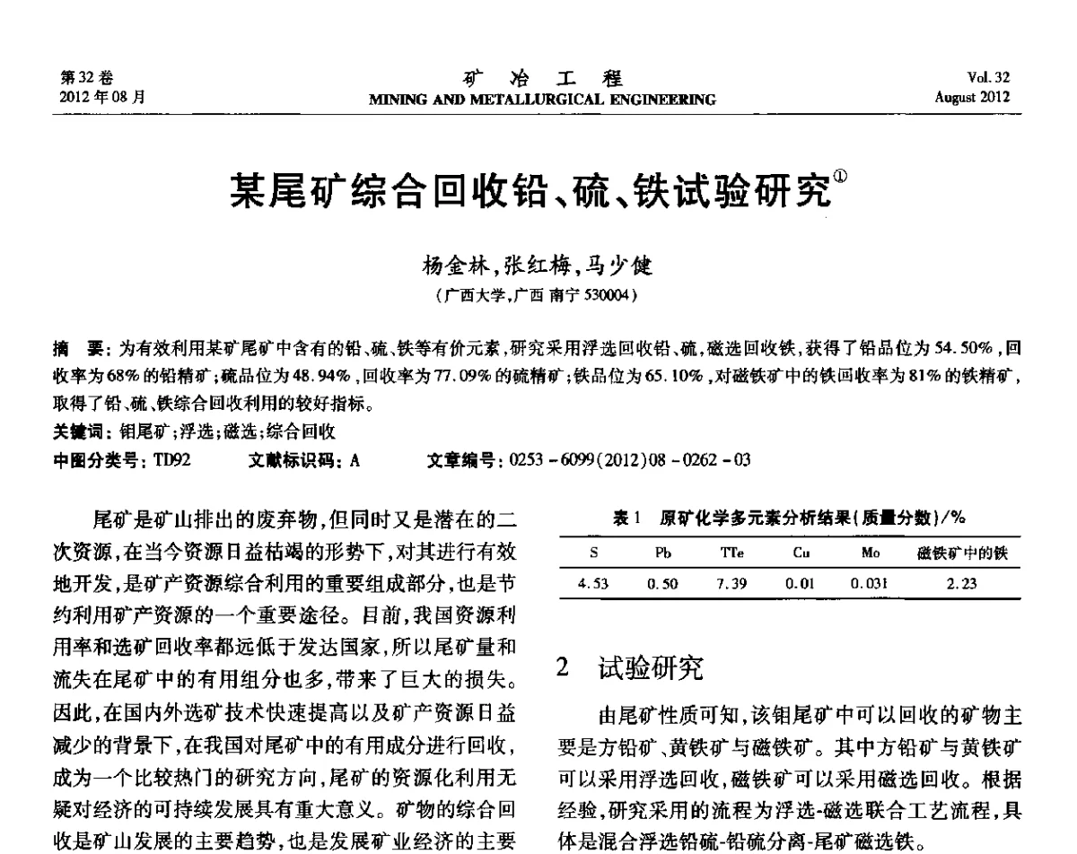某尾矿综合回收铅、硫、铁试验研究 - 第六届全国选矿专业学术年会