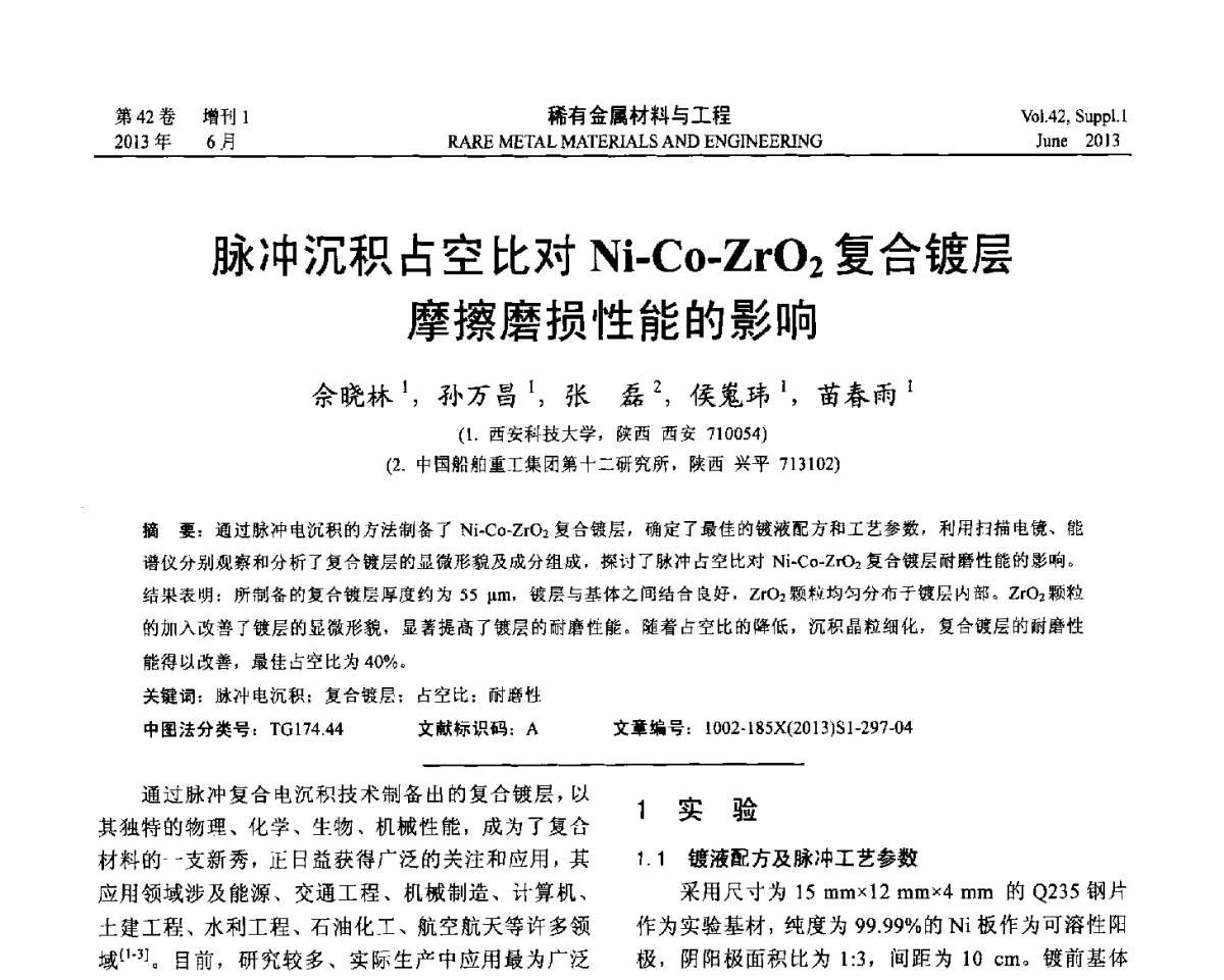 脉冲沉积占空比对Ni-Co-ZrO2复合镀层摩擦磨损性能的影响 - 第十七届全国高技术陶瓷学术年会