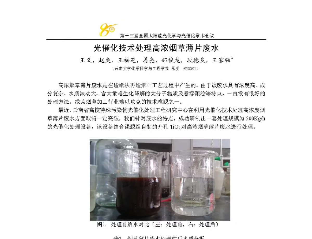 光催化技术处理高浓烟草薄片废水 - 第十三届全国太阳能光化学与光催化学术会议