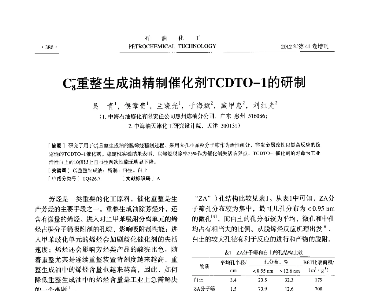 C+8言重整生成油精制催化剂TCDTO-1的研制 - 中国化工学会2012年石油化工学术年会