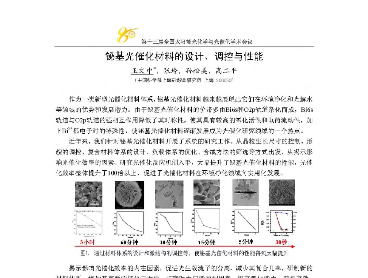 铋基光催化材料的设计、调控与性能 - 第十三届全国太阳能光化学与光催化学术会议