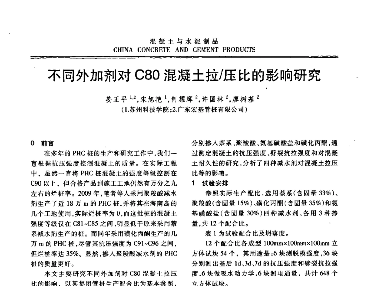 不同外加剂对C80混凝土拉_压比的影响研究 - 中国混凝土与水泥制品协会2012年会