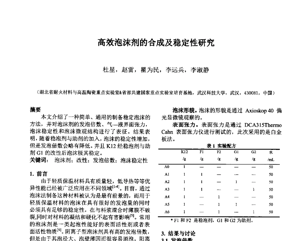 高效泡沫剂的合成及稳定性研究 - 第六届国际耐火材料会议