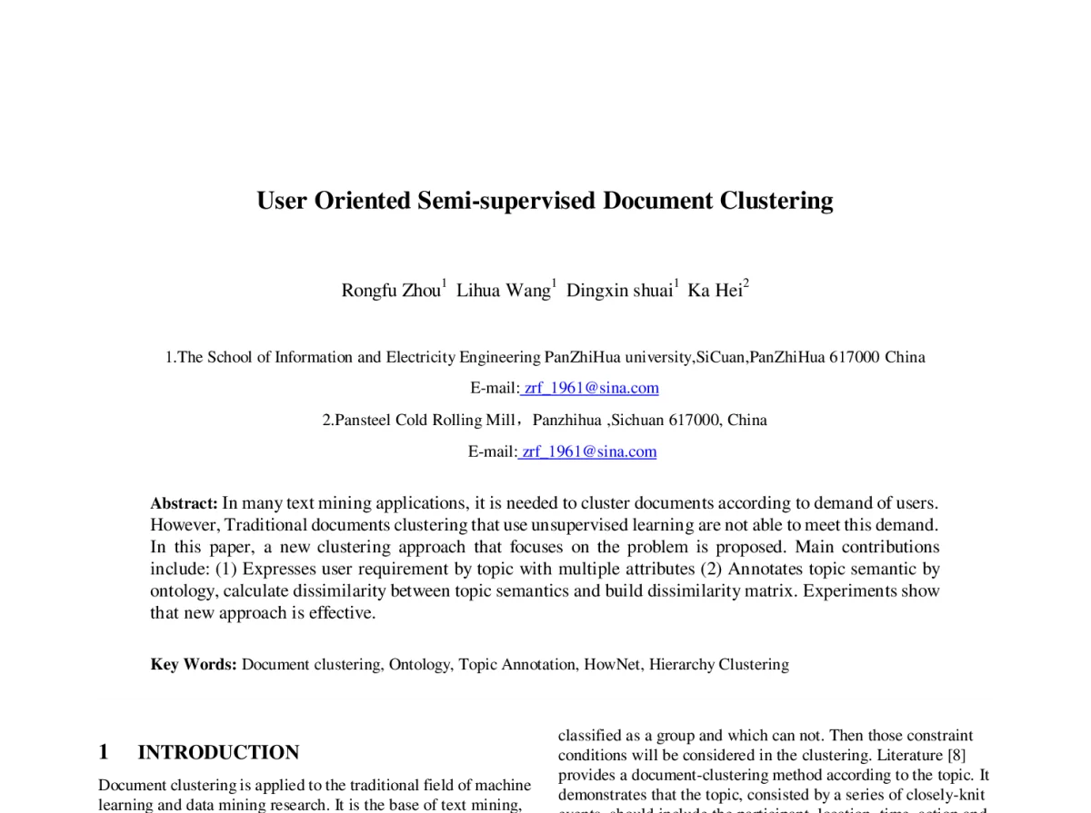 User Oriented Semi-supervised Document Clustering - 第23届过程控制会议