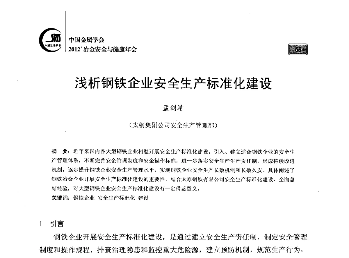 浅析钢铁企业安全生产标准化建设 - 2012’中国金属学会冶金安全与健康年会