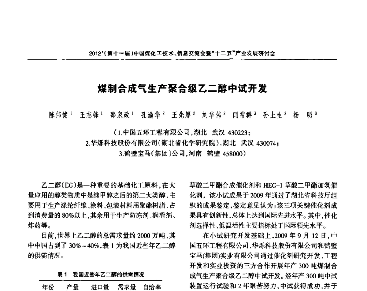 煤制合成气生产聚合级乙二醇中试开发 - 2012’中国煤化工技术、市场、信息交流会暨“十二五”产业发展研讨会