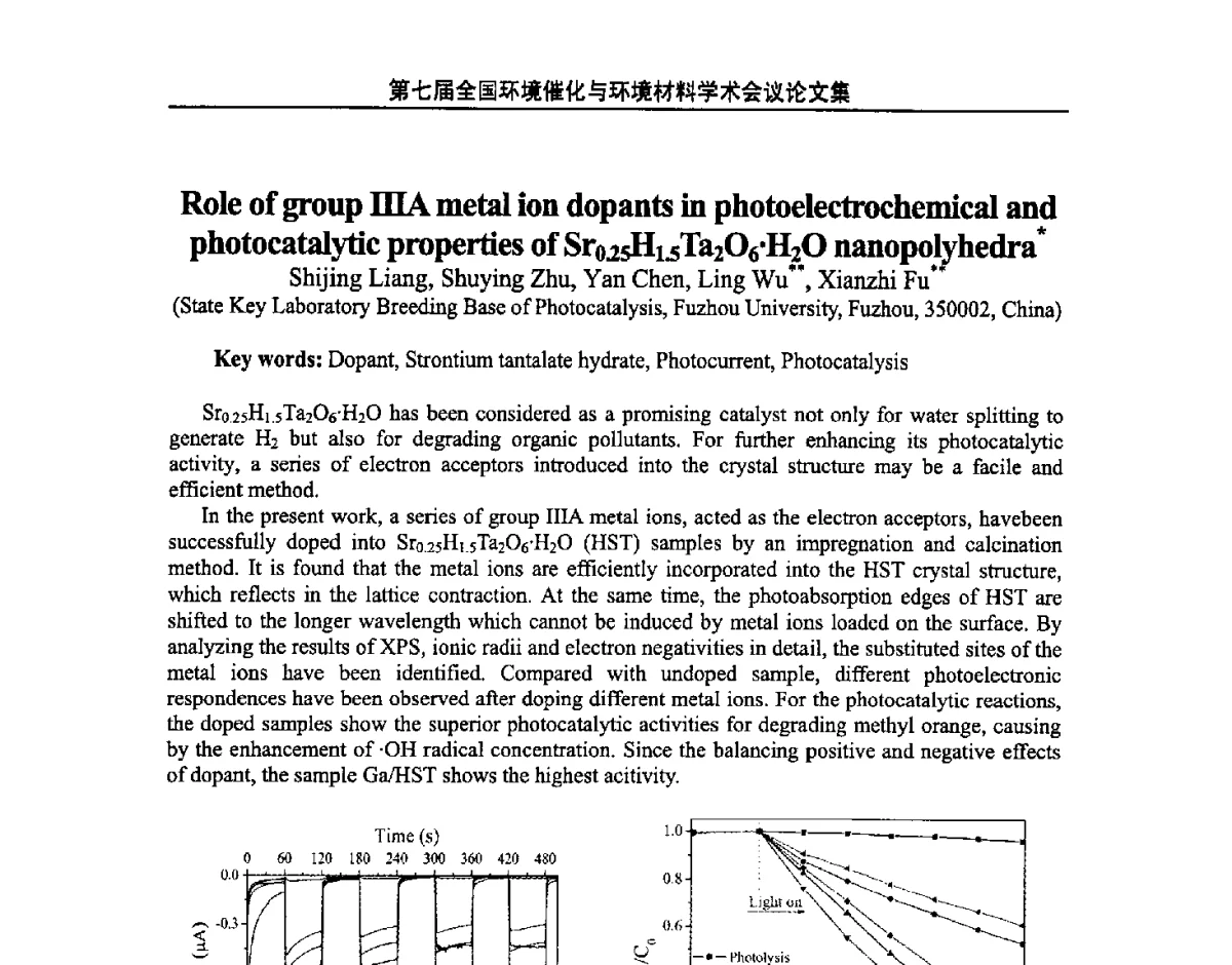 Role of group ⅢA metal ion dopants in photoelectrochemical and photocatalytic properties of Sr0.25H1.5Ta206H2O nanopolyhedra - 第七届全国环境催化与环境材料学术会议