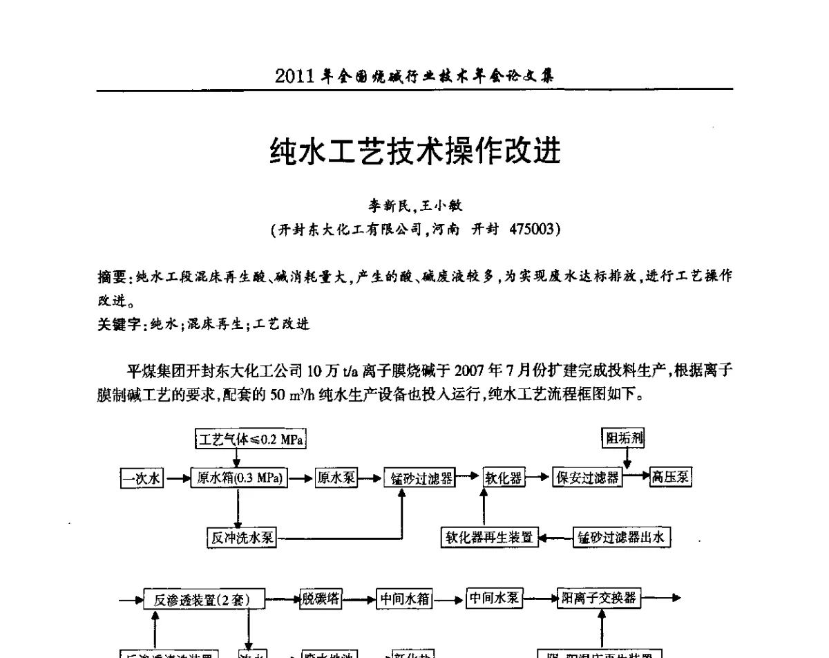纯水工艺技术操作改进 - 2011年全国烧碱行业技术年会