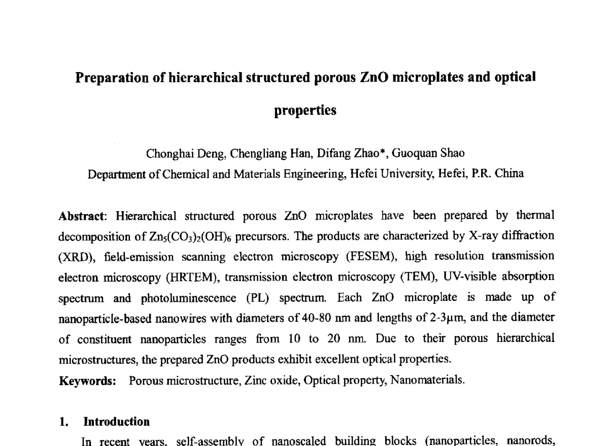 Preparation of hierarchical structured porous ZnO microplates and optical properties - 2012中国国际粉体技术与应用论坛暨全国粉体技术产品商贸交流会