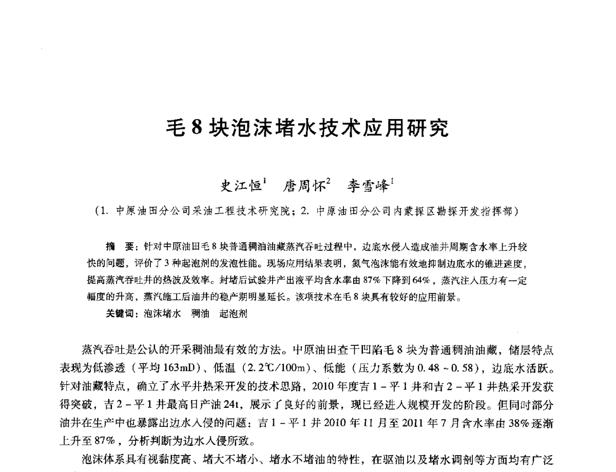 毛8块泡沫堵水技术应用研究 - 第十六届五省(市、区)稠油开采技术研讨会