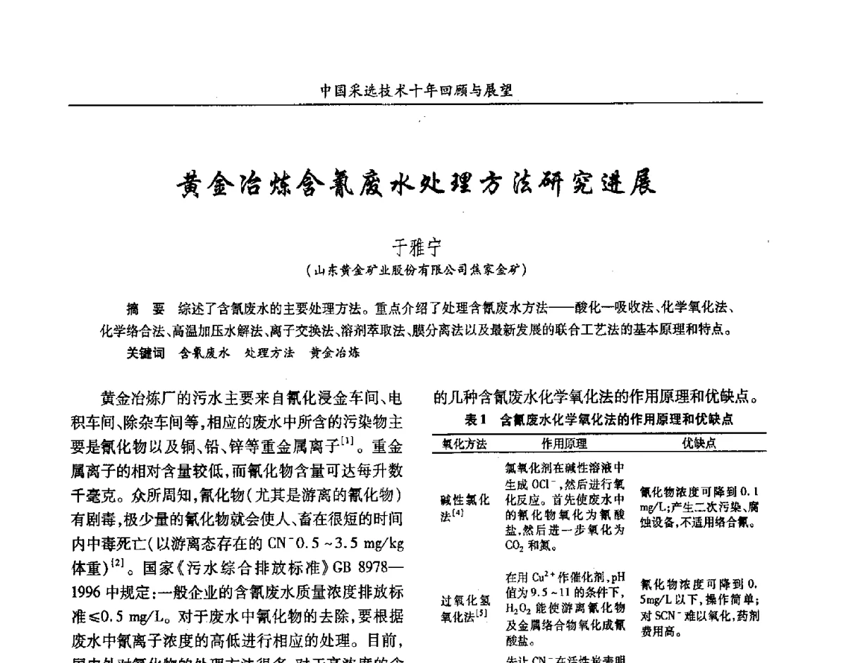 黄金冶炼含氰废水处理方法研究进展 - 2012中国矿业科技大会