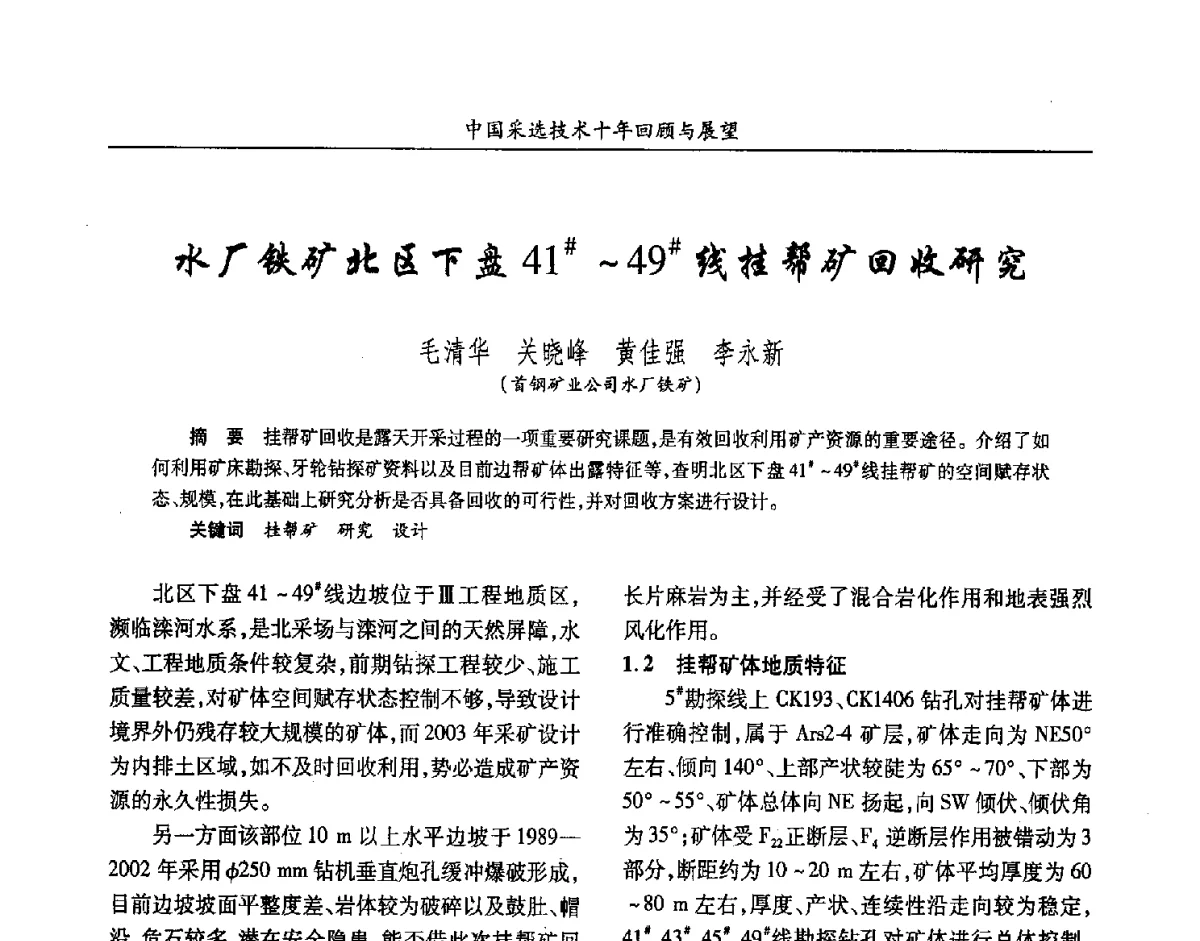 水厂铁矿北区下盘41#~49#线挂帮矿回收研究 - 2012中国矿业科技大会