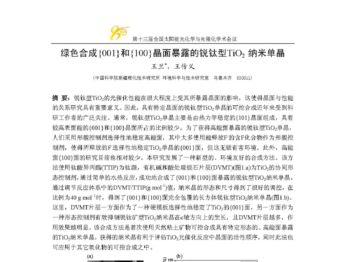 绿色合成{001}和{100}晶面暴露的锐钛型TiO2纳米单晶 - 第十三届全国太阳能光化学与光催化学术会议