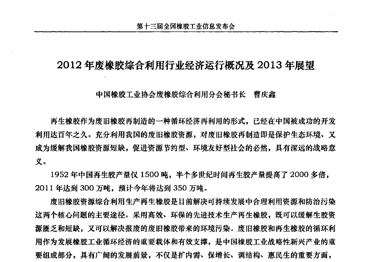 2012年废橡胶综合利用行业经济运行概况及2013年展望 - 第十三届全国橡胶工业信息发布会暨加快高新技术应用实现转型发展论坛