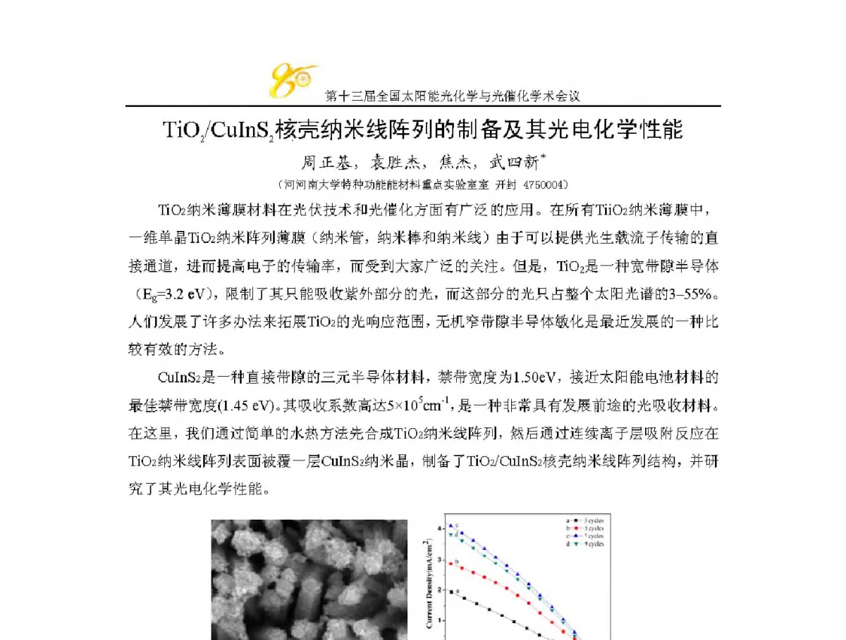 TiO2_CuInS2核壳纳米线阵列的制备及其光电化学性能 - 第十三届全国太阳能光化学与光催化学术会议