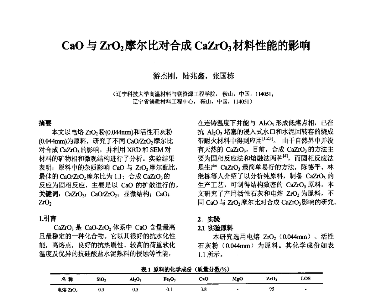 CaO与ZrO2摩尔比对合成CaZrO3材料性能的影响 - 第六届国际耐火材料会议