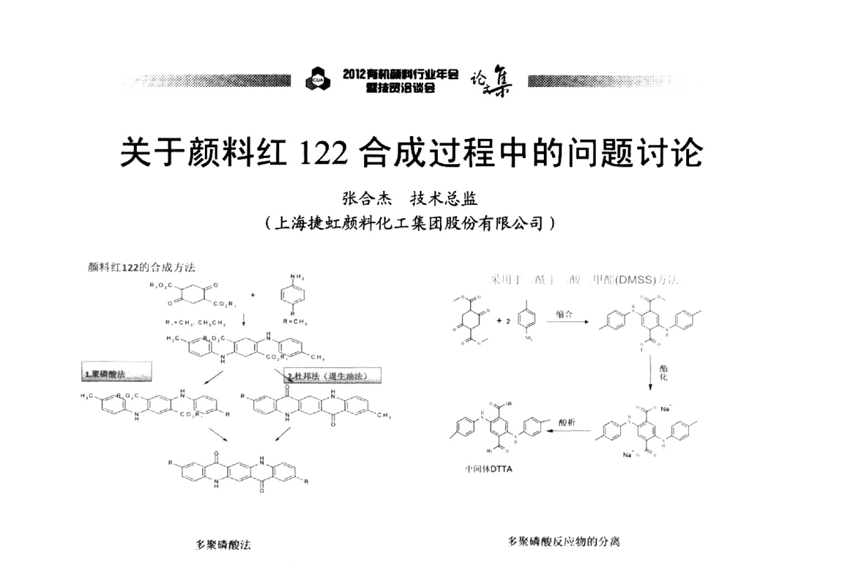 关于颜料红122合成过程中的问题讨论 - 2012有机颜料行业年会暨技贸洽谈会