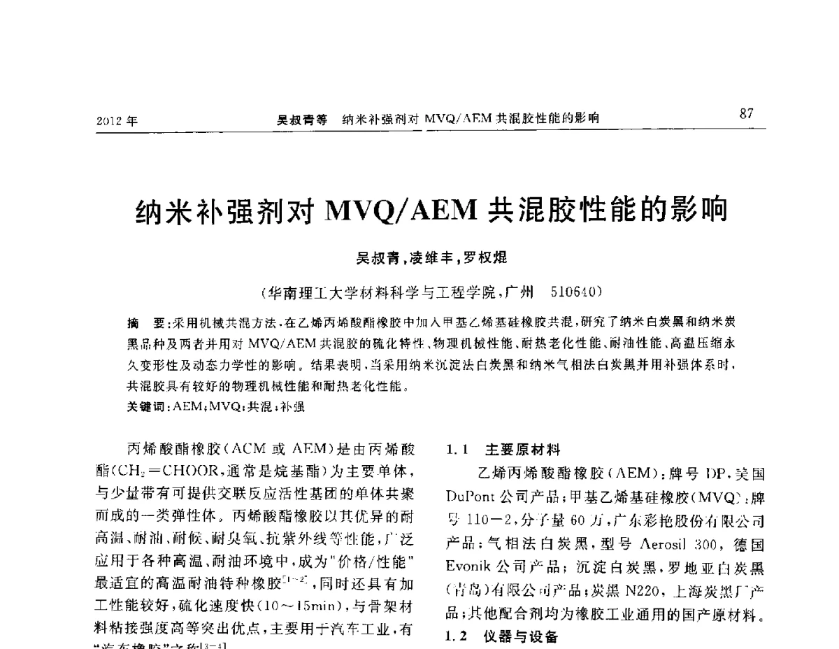 纳米补强剂对MVQ_AEM共混胶性能的影响 - “温橡”杯2012年橡胶制品新技术交流暨信息发布会