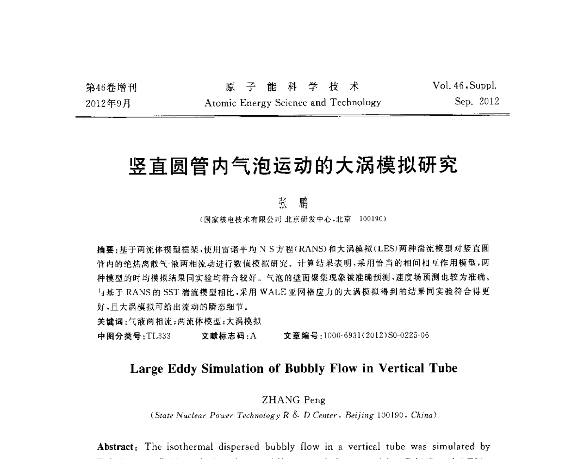 竖直圆管内气泡运动的大涡模拟研究 - 第八届(2012)北京核学会核应用技术学术交流会