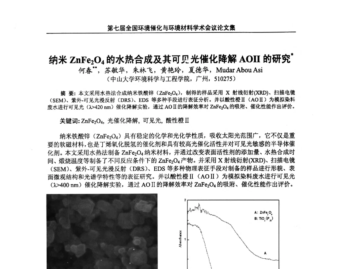 纳米ZnFe2O4的水热合成及其可见光催化降解AOⅡ的研究 - 第七届全国环境催化与环境材料学术会议