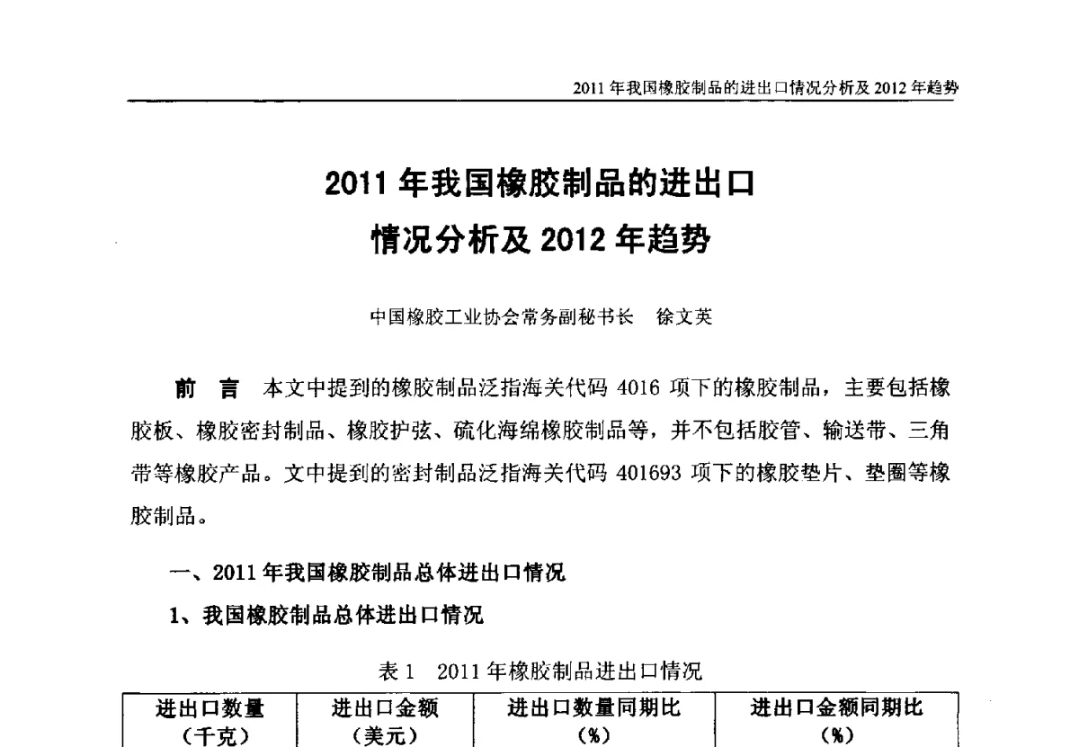 2011年我国橡胶制品的进出口情况分析及2012年趋势 - 第二届中国汽车橡塑制品技术与市场发展研讨会