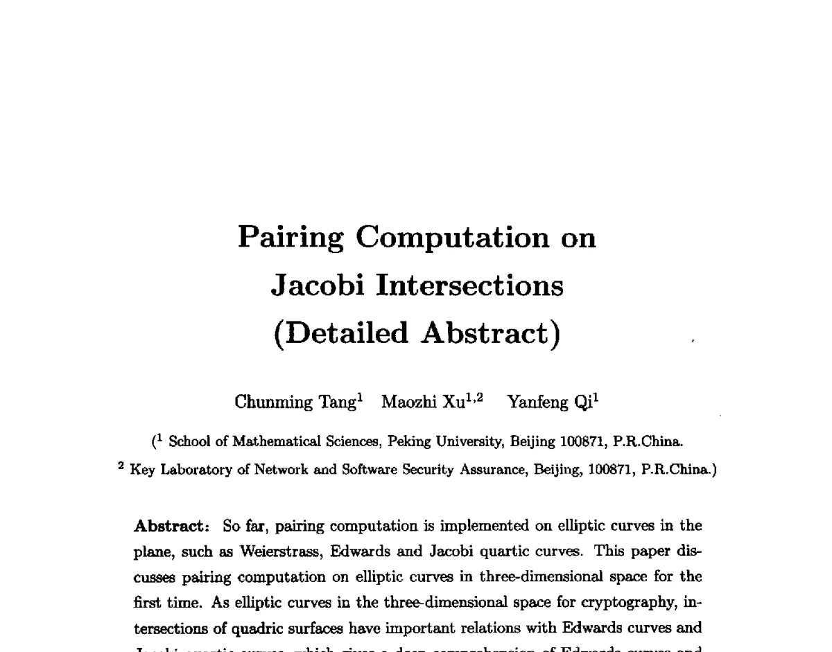 Jacobi交上的配对计算 - 中国密码学会2011年会