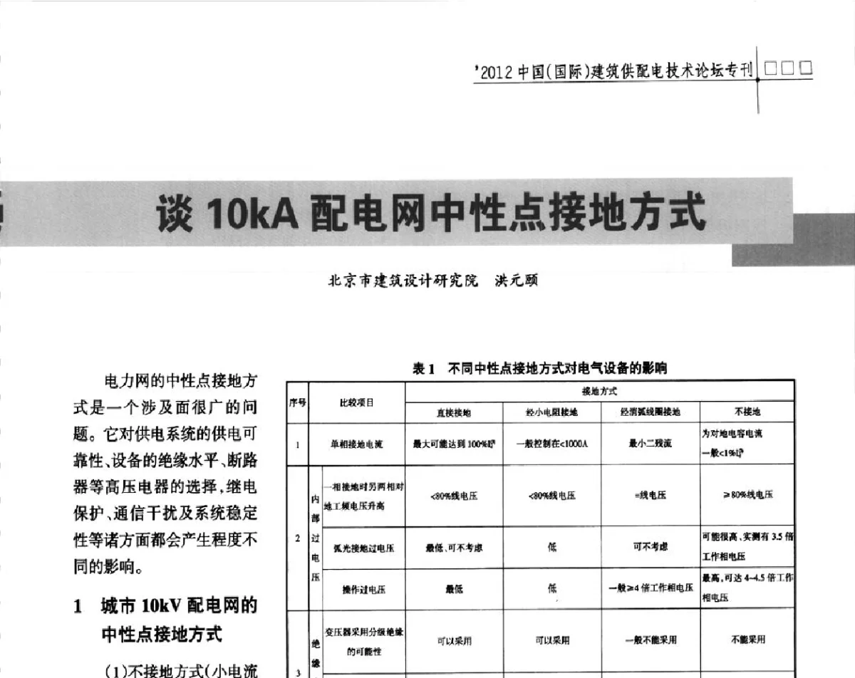 谈10kA配电网中性点接地方式 - ’2012中国(国际)建筑供配电技术论坛暨中国建筑学会建筑电气分会供配电专委会年会