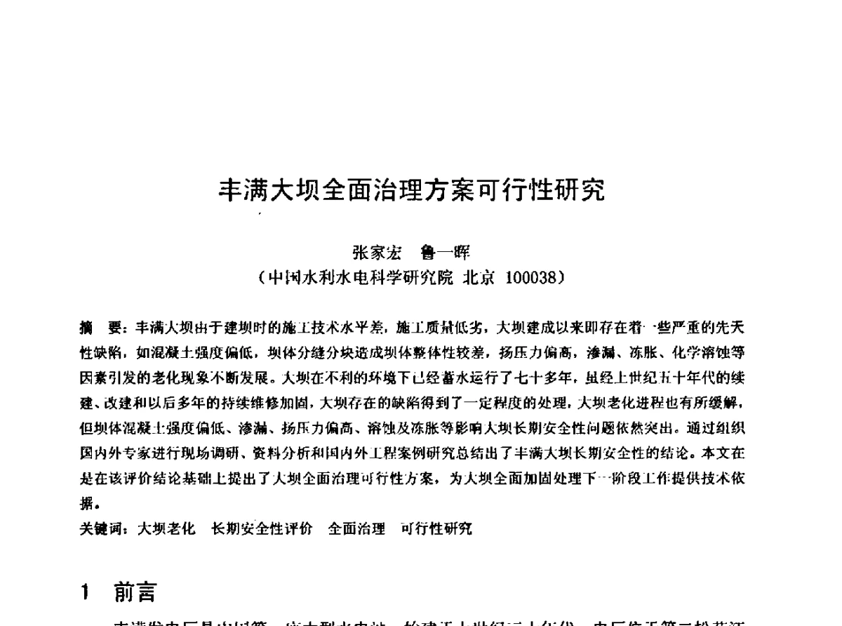 丰满大坝全面治理方案可行性研究 - 中国水利学会水工专业委员会第十届年会