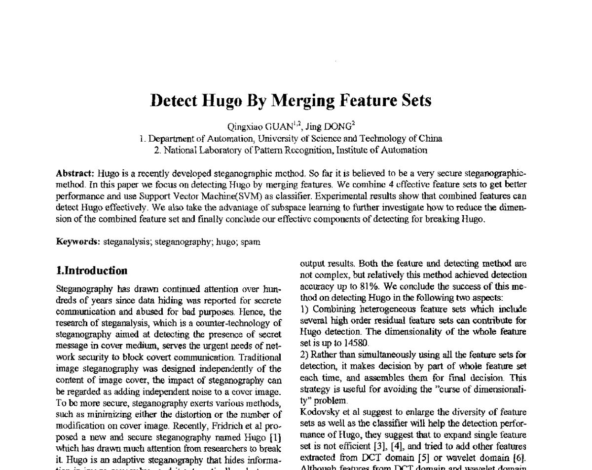 Detect Hugo By Merging Feature Sets - 第十届全国信息隐藏暨多媒体信息安全学术大会CIHW2012
