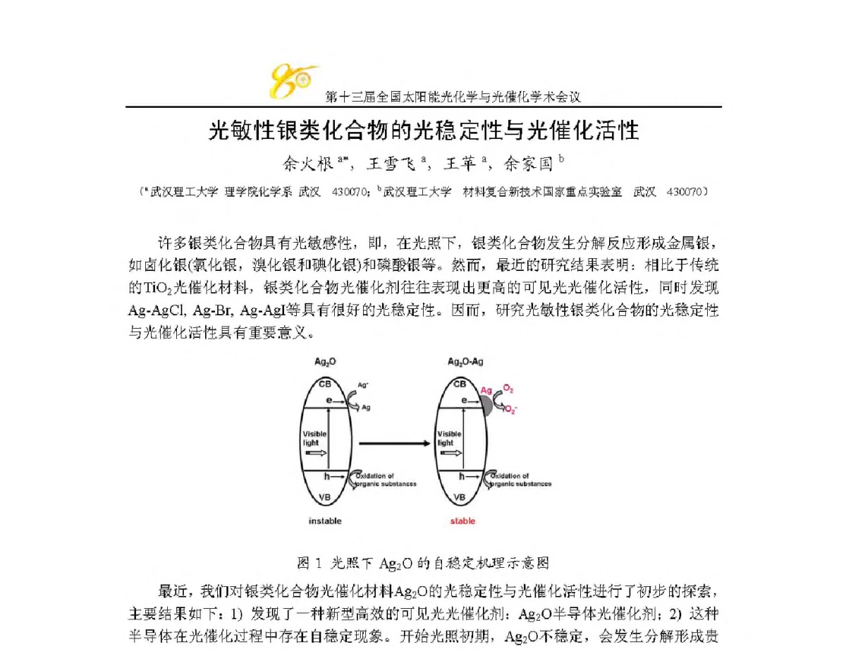 光敏性银类化合物的光稳定性与光催化活性 - 第十三届全国太阳能光化学与光催化学术会议