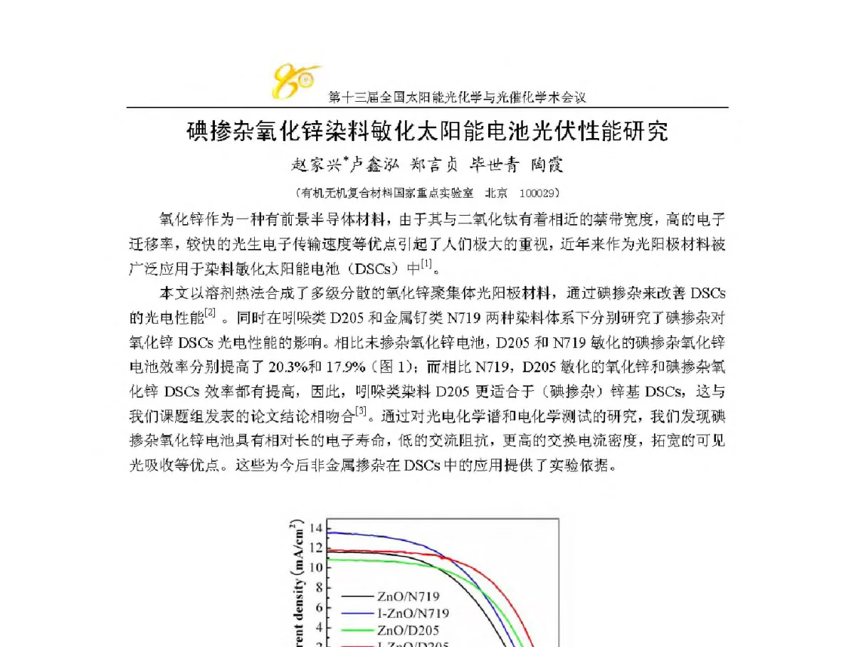 碘掺杂氧化锌染料敏化太阳能电池光伏性能研究 - 第十三届全国太阳能光化学与光催化学术会议