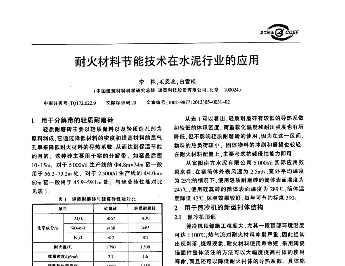 耐火材料节能技术在水泥行业的应用 - 第五届中国水泥企业总工程师论坛暨2012年全国水泥企业总工程师联合会年会