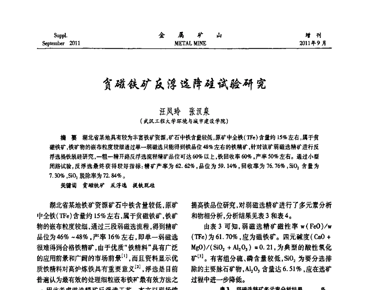 贫磁铁矿反浮选降硅试验研究 - 2011全国选矿学术高层论坛