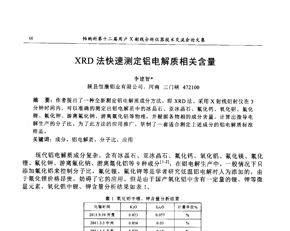 XRD法快速测定铝电解质相关含量 - 帕纳科第12届用户X射线分析仪器技术交流会