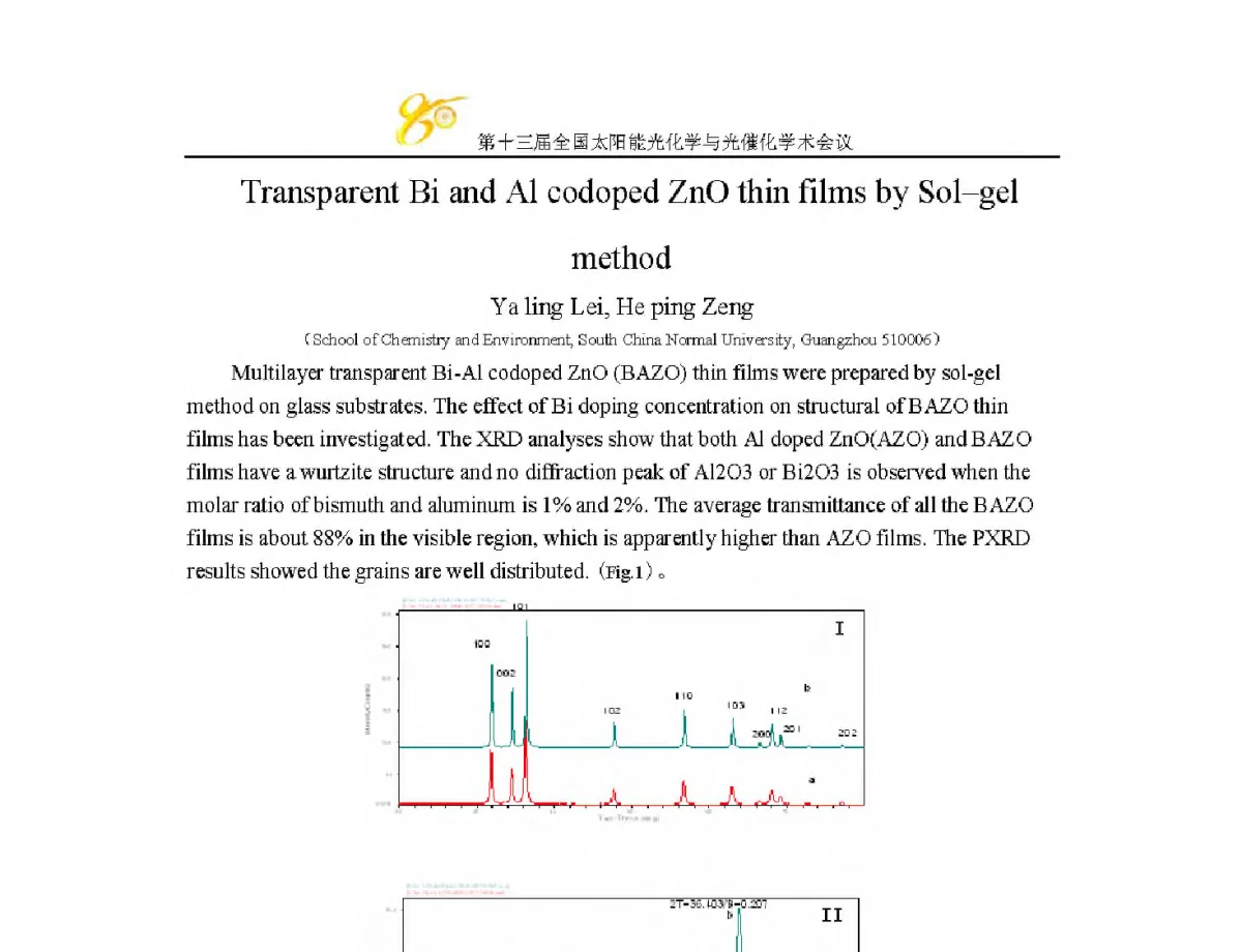 Transparent Bi and Al codoped ZnO thin films by Sol gel method - 第十三届全国太阳能光化学与光催化学术会议