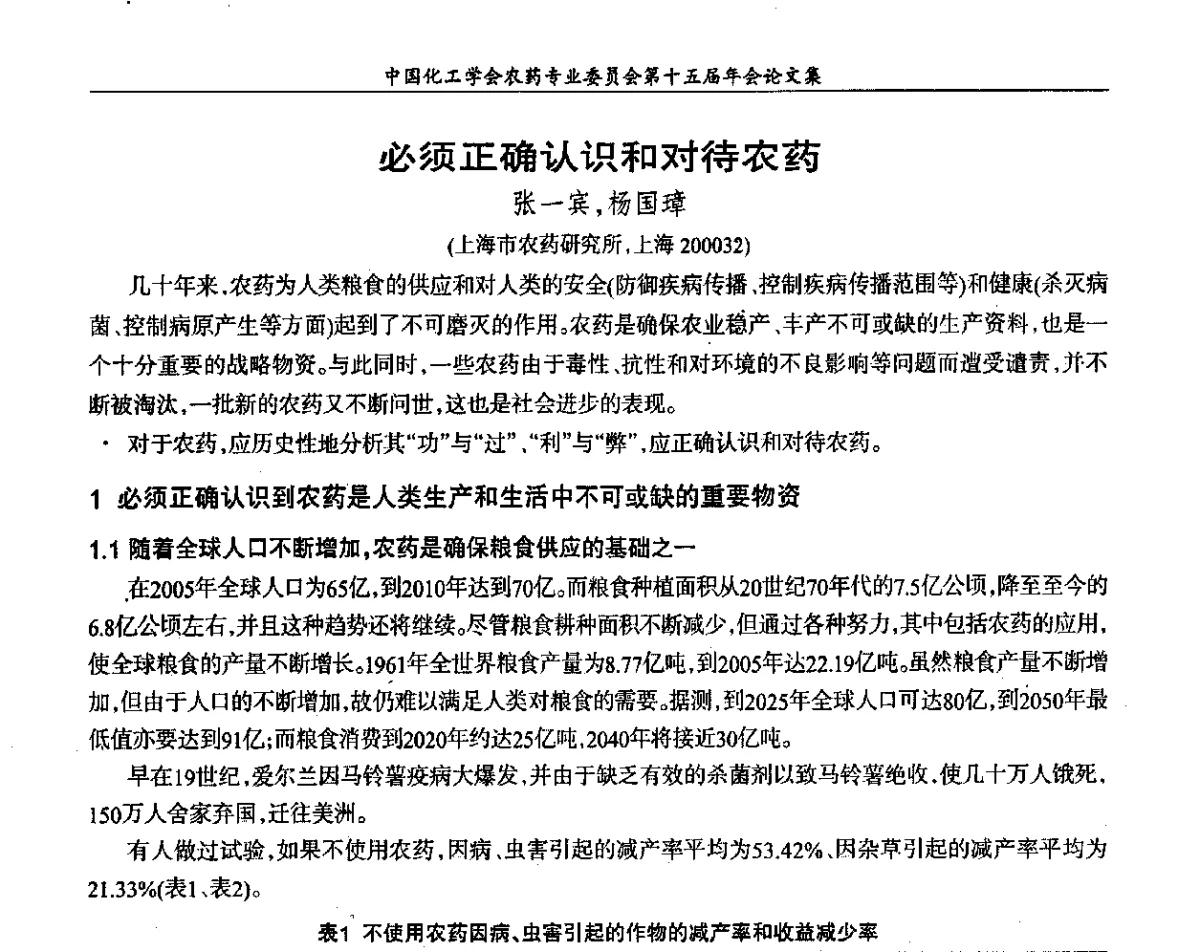 必须正确认识和对待农药 - 中国化工学会农药专业委员会第十五届年会