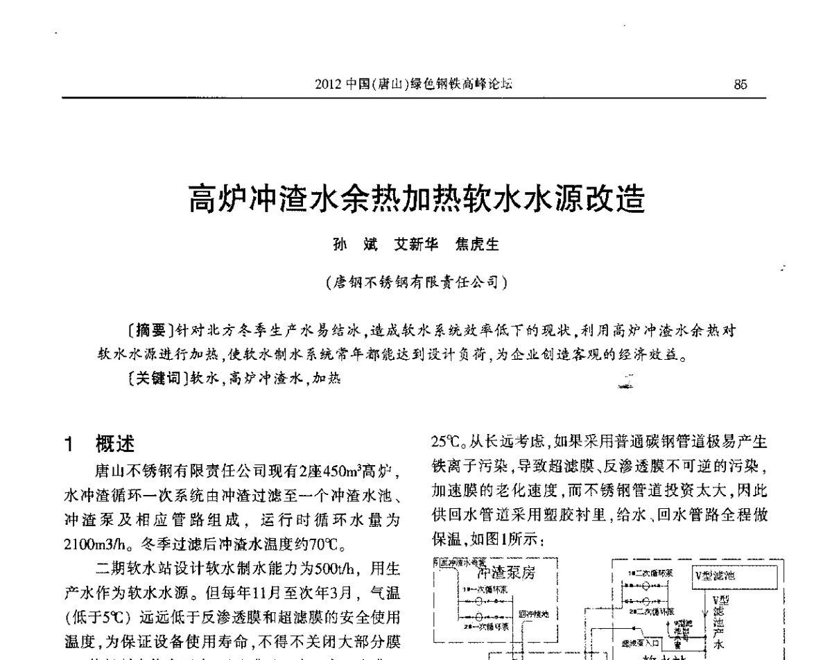 高炉冲渣水余热加热软水水源改造 - 2012中国(唐山)绿色钢铁高峰论坛暨冶金设备、节能减排技术推介会