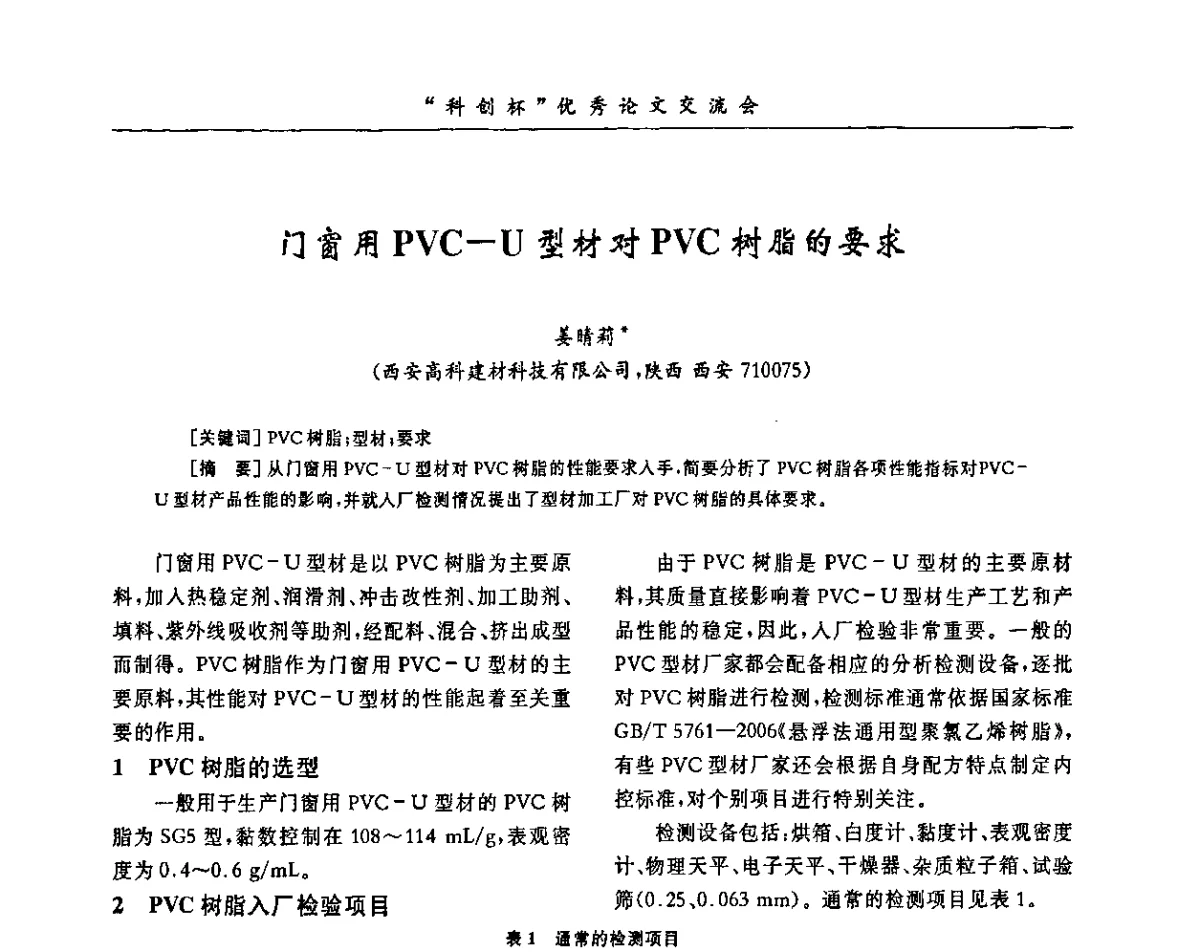 门窗用PVC-U型材对PVC树脂的要求 - 第33届全国聚氯乙烯行业技术年会暨“科创杯”论文交流会