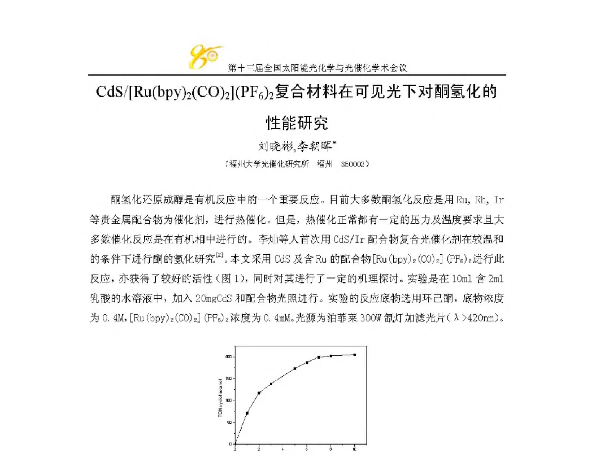 CdS_[Ru(bpy)2(CO)2](PF6)2复合材料在可见光下对酮氢化的性能研究 - 第十三届全国太阳能光化学与光催化学术会议