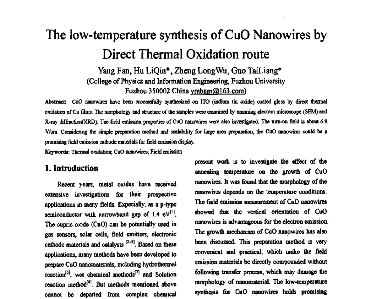 The low-temperature synthesis of CuO Nanowires by Direct Thermal Oxidation route - 2012中国平板显示学术会议