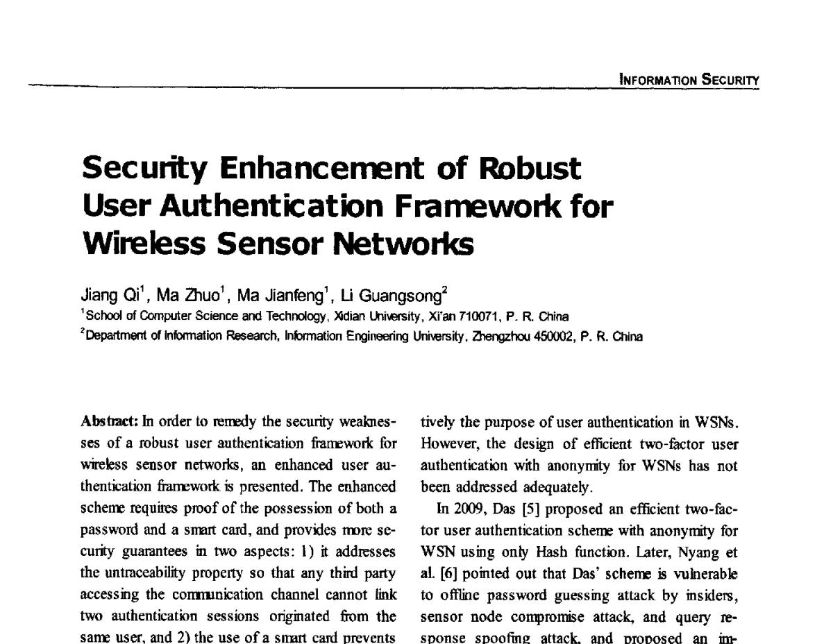 Security Enhancement of Robust User Authentication Framework for Wireless Sensor Networks - 第六届中国可信计算与信息安全学术会议