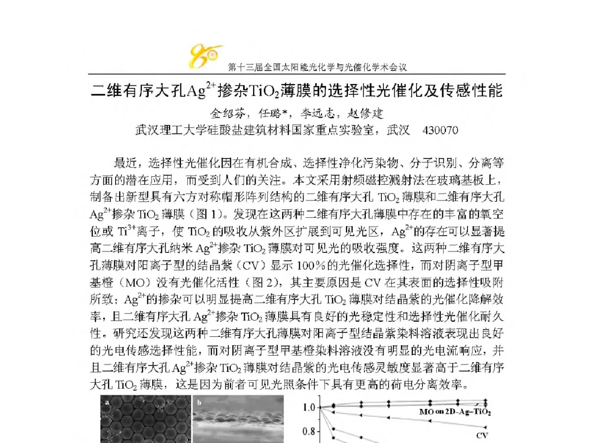 二维有序大孔Ag2+掺杂TiO2薄膜的选择性光催化及传感性能 - 第十三届全国太阳能光化学与光催化学术会议