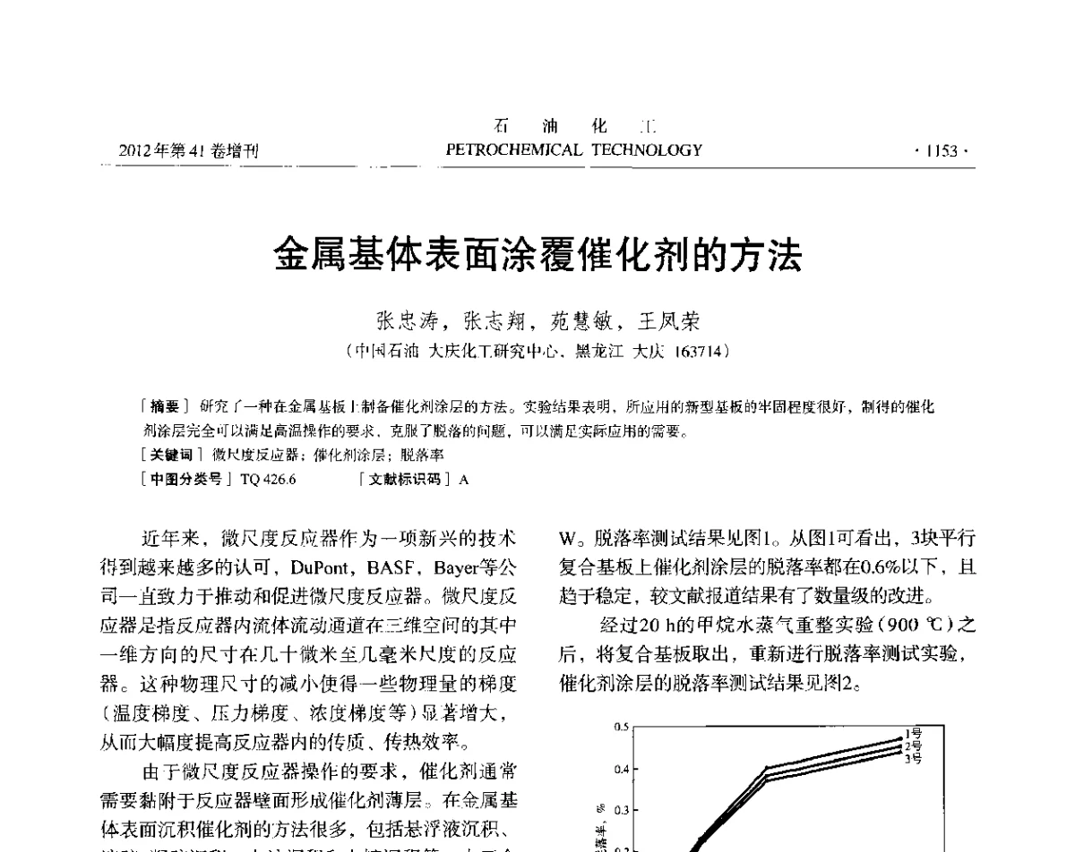 金属基体表面涂覆催化剂的方法 - 中国化工学会2012年石油化工学术年会