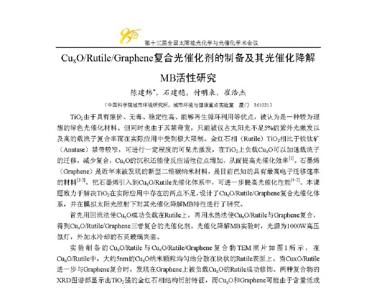 CuxO_Rutile_Graphene复合光催化剂的制备及其光催化降解MB活性研究 - 第十三届全国太阳能光化学与光催化学术会议