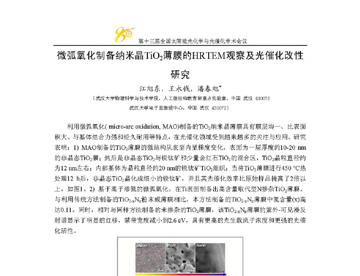 微弧氧化制备纳米晶TiO2薄膜的HRTEM观察及光催化改性研究 - 第十三届全国太阳能光化学与光催化学术会议
