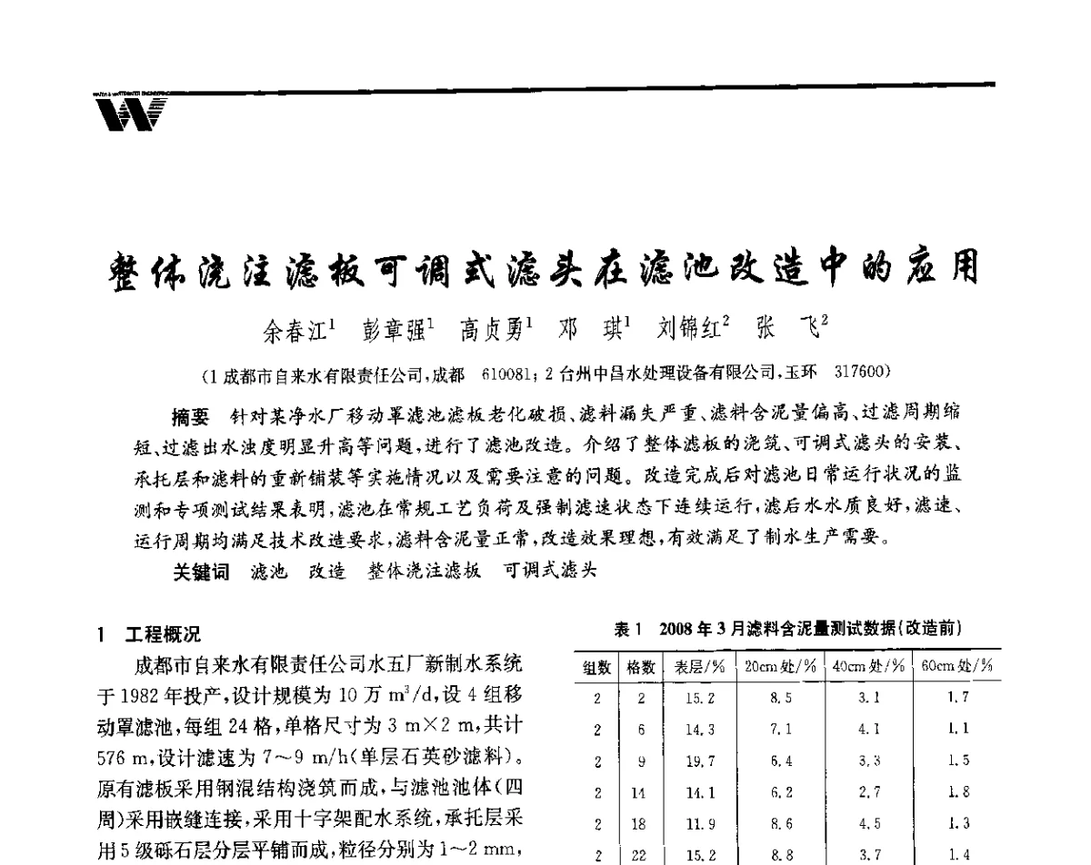 整体浇筑滤板可调式滤头在滤池改造中的应用 - 全国给水排水技术信息网成立四十周年暨2012年年会