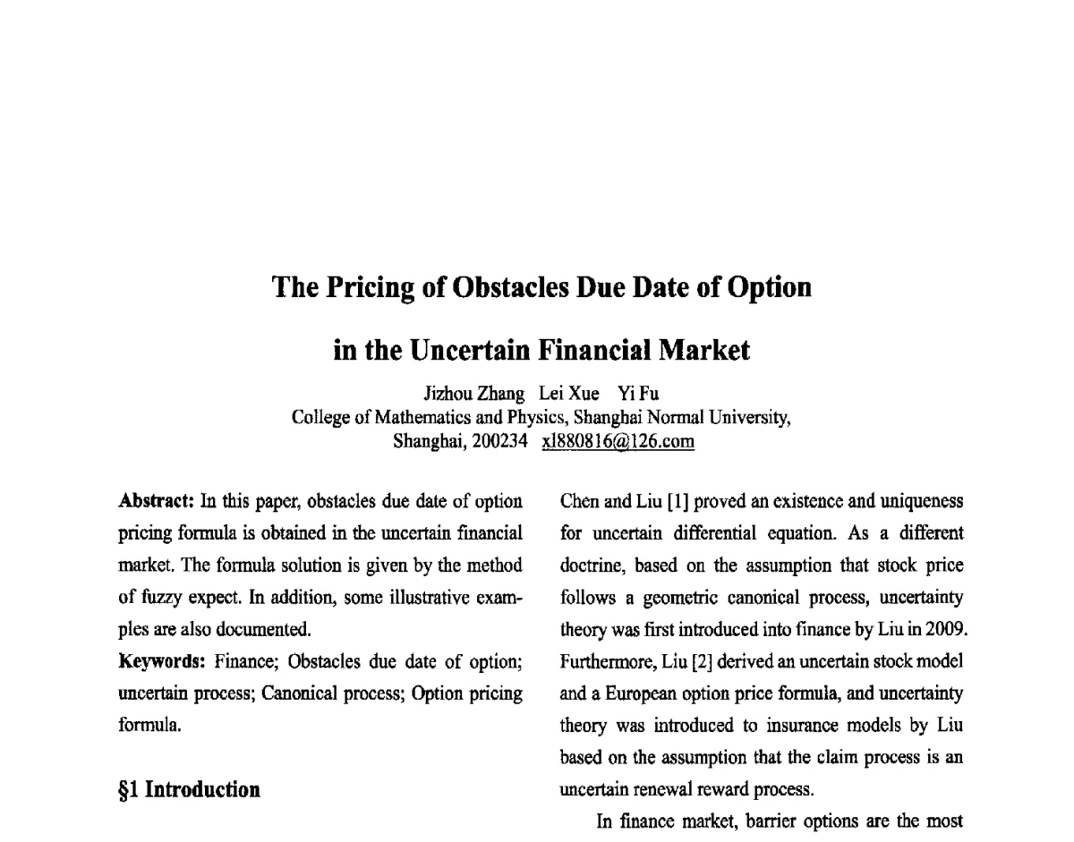 The Pricing of Obstacles Due Date of Option in the Uncertain Financial Market - 第六届中国智能计算大会