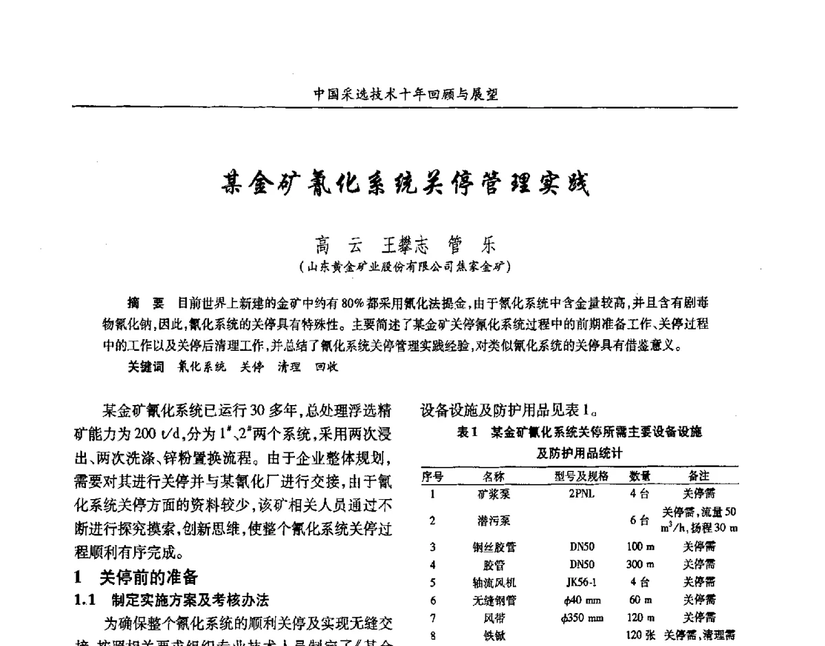 某金矿氰化系统关停管理实践 - 2012中国矿业科技大会