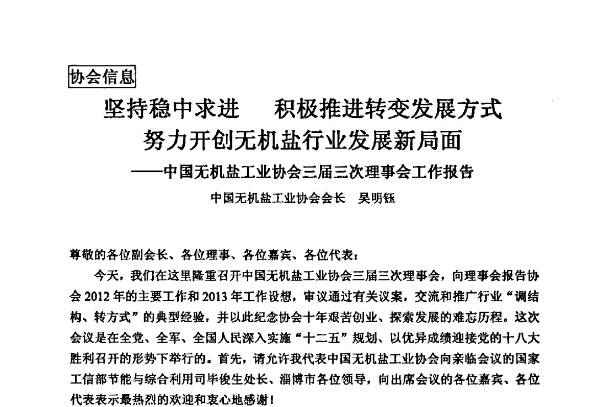 坚持稳中求进积极推进转变发展方式努力开创无机盐行业发展新局面--中国无机盐工业协会三届三次理事会工作报告 - 2012年全国镁盐行业年会暨镁化合物分会成立大会